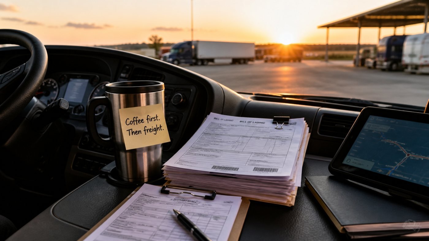 Coffee, paperwork, and dispatch notes inside a truck cab