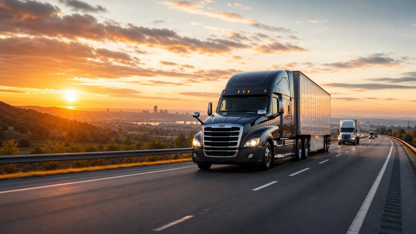 Semi trucks moving freight on a sunrise highway