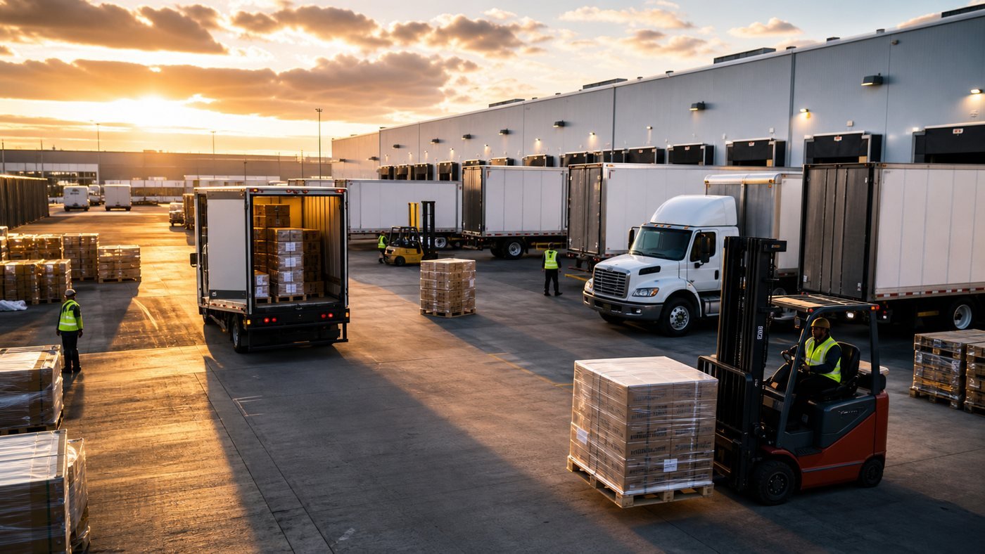 Freight yard with trailers, forklifts, and staged pallets